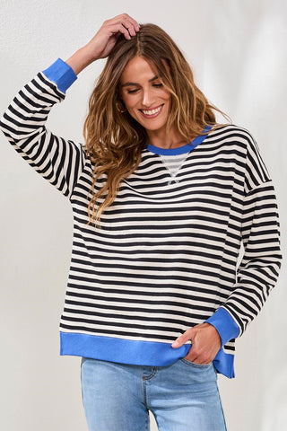 Striped French Terry Crew Neck Top With Combo Trim-Black