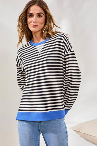 Striped French Terry Crew Neck Top With Combo Trim-Black