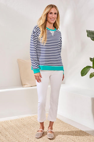 Striped French Terry Crew Neck Top With Combo Trim-Jet blue
