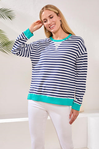 Striped French Terry Crew Neck Top With Combo Trim-Jet blue