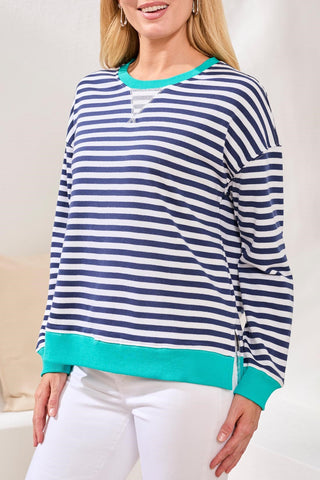 Striped French Terry Crew Neck Top With Combo Trim-Jet blue