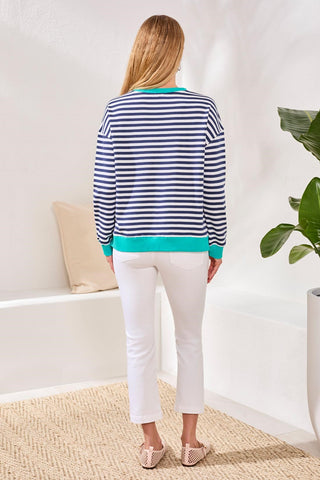 Striped French Terry Crew Neck Top With Combo Trim-Jet blue