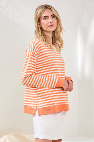 Striped French Terry Crew Neck Top With Combo Trim-Mango