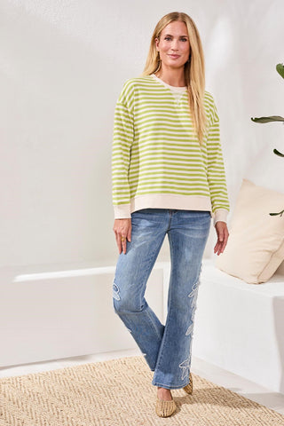 Striped French Terry Crew Neck Top With Combo Trim-Mintleaf
