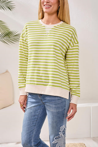 Striped French Terry Crew Neck Top With Combo Trim-Mintleaf