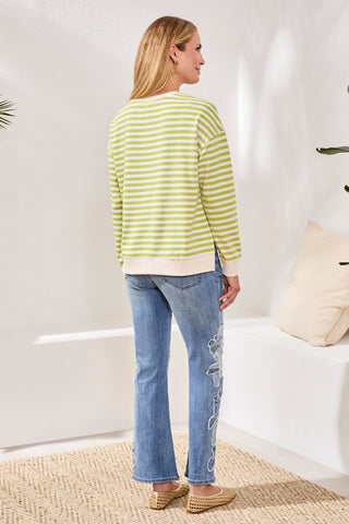 Striped French Terry Crew Neck Top With Combo Trim-Mintleaf