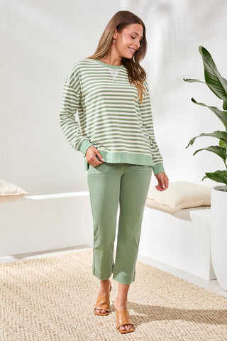 Striped French Terry Crew Neck Top With Combo Trim-Moss