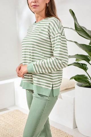 Striped French Terry Crew Neck Top With Combo Trim-Moss