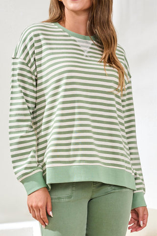 Striped French Terry Crew Neck Top With Combo Trim-Moss