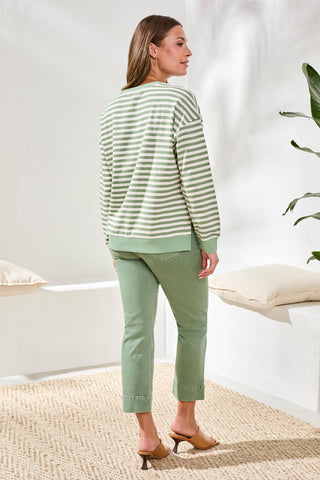 Striped French Terry Crew Neck Top With Combo Trim-Moss