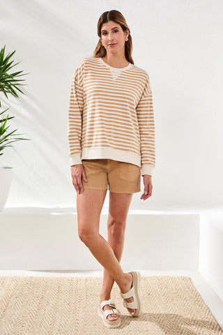 Striped French Terry Crew Neck Top With Combo Trim-Sesame