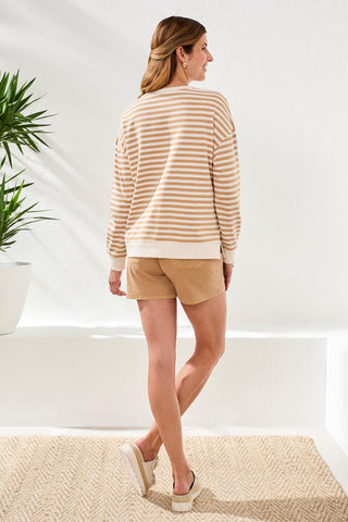 Striped French Terry Crew Neck Top With Combo Trim-Sesame