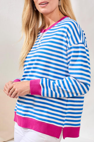 Striped French Terry Crew Neck Top With Combo Trim-Turkishsea