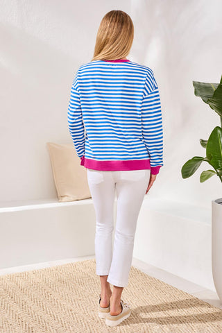 Striped French Terry Crew Neck Top With Combo Trim-Turkishsea