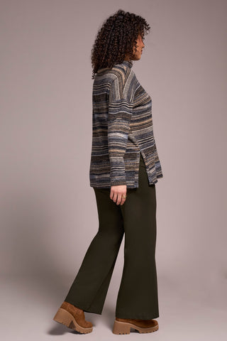 Striped Mock Neck Top With Side Slits-Marine