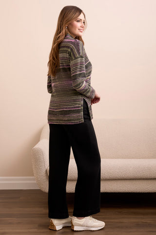 Striped Mock Neck Top With Side Slits-Pink flambe