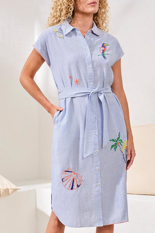 Embroidered Stripe Cotton Button-Front Belted Shirt Dress-blue