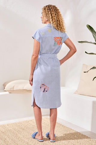 Embroidered Stripe Cotton Button-Front Belted Shirt Dress-blue