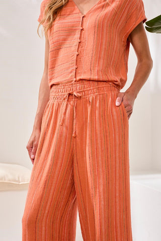 Textured Linen Flowy Wide Leg Pants With Elastic Waist-Guavablush