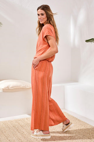 Textured Linen Flowy Wide Leg Pants With Elastic Waist-Guavablush
