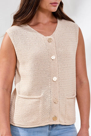 Sweater Vest With Pockets And Decorative Buttons-Cococream