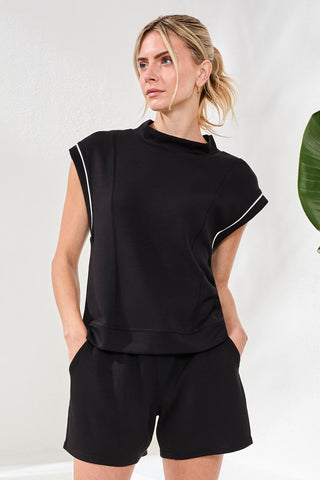 Techno Lux Mock Neck Contrast Piping-Black