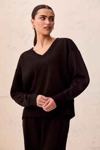 TECHNO LUX V-Neck Drop Shoulder Pullover-Black