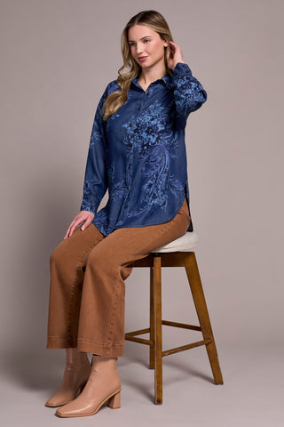 Tencel Printed Button-Up Chambray Blouse-Dkchambray