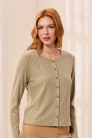 Soft Textured Crew Neck Button-Front Long Sleeve Knit Top-Aloe