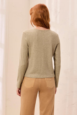Soft Textured Crew Neck Button-Front Long Sleeve Knit Top-Aloe
