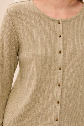 Soft Textured Crew Neck Button-Front Long Sleeve Knit Top-Aloe