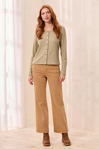 Soft Textured Crew Neck Button-Front Long Sleeve Knit Top-Aloe