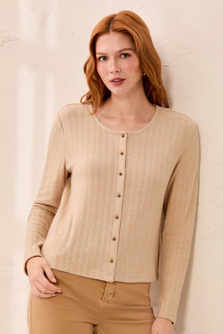 Soft Textured Crew Neck Button-Front Long Sleeve Knit Top-Oatmeal