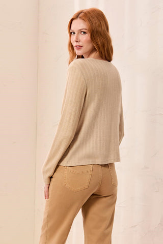 Soft Textured Crew Neck Button-Front Long Sleeve Knit Top-Oatmeal