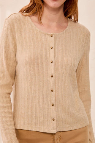 Soft Textured Crew Neck Button-Front Long Sleeve Knit Top-Oatmeal