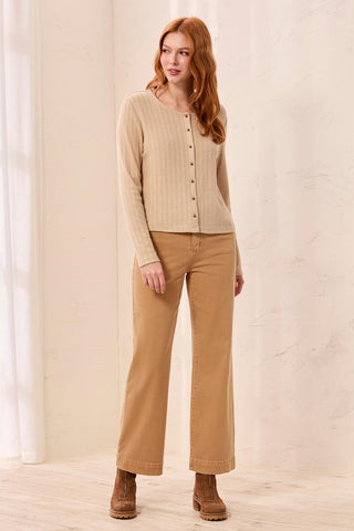 Soft Textured Crew Neck Button-Front Long Sleeve Knit Top-Oatmeal