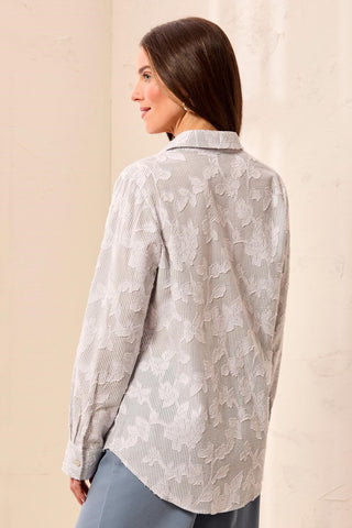 Floral Textured Jacquard Collared Button-Front Blouse-Blue fog