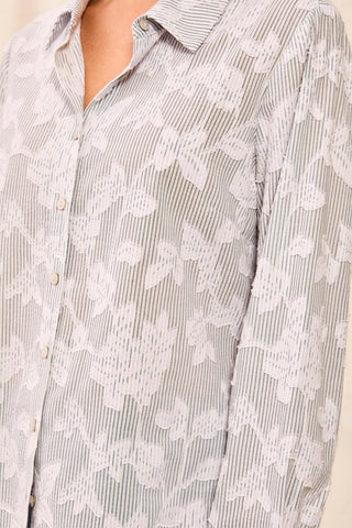 Floral Textured Jacquard Collared Button-Front Blouse-Blue fog