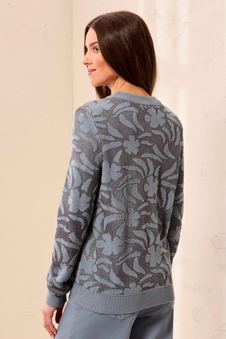 Textured Jacquard Floral Crew Neck Knit Sweater-Blue fog