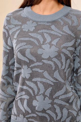 Textured Jacquard Floral Crew Neck Knit Sweater-Blue fog