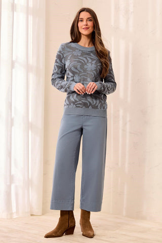Textured Jacquard Floral Crew Neck Knit Sweater-Blue fog