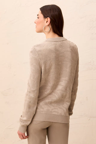 Textured Jacquard Floral Crew Neck Knit Sweater-Dry sand