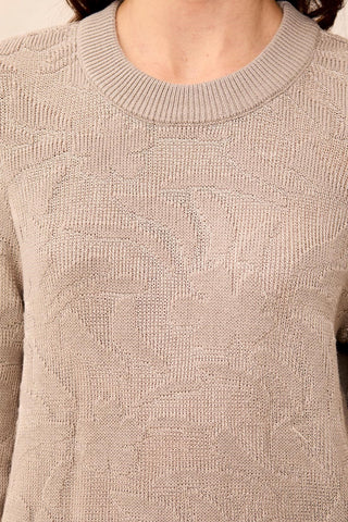 Textured Jacquard Floral Crew Neck Knit Sweater-Dry sand