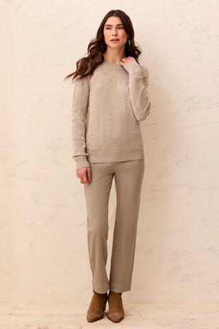Textured Jacquard Floral Crew Neck Knit Sweater-Dry sand