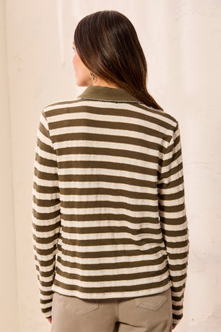 Textured Jacquard Stripe Button-Front Collared Knit Top-Basil