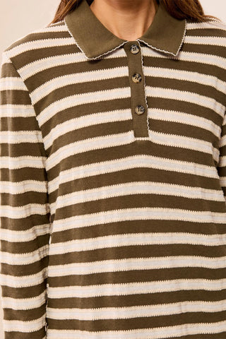 Textured Jacquard Stripe Button-Front Collared Knit Top-Basil