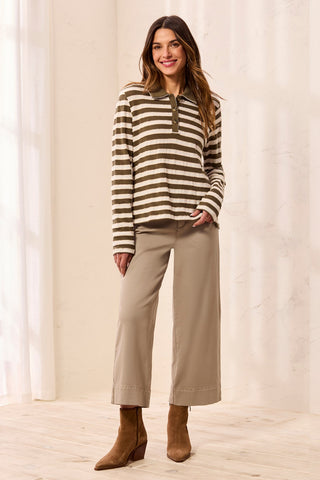 Textured Jacquard Stripe Button-Front Collared Knit Top-Basil