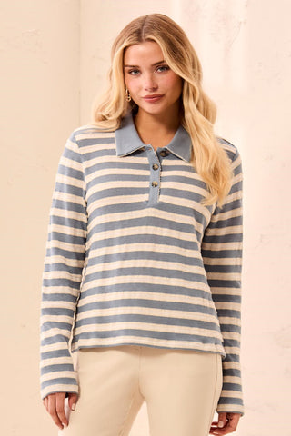 Textured Jacquard Stripe Button-Front Collared Knit Top-Blue fog