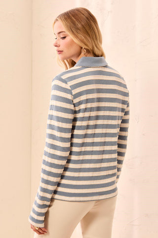 Textured Jacquard Stripe Button-Front Collared Knit Top-Blue fog