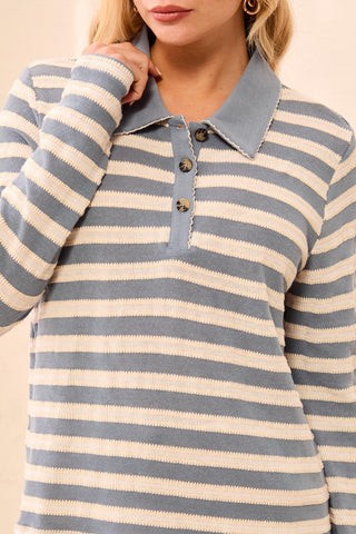 Textured Jacquard Stripe Button-Front Collared Knit Top-Blue fog